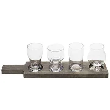 MyGift Rustic Gray Solid Wood Paddle Shaped Beer Flight Board with Beer Glasses, Pub Party Tasting Flight Set with 5 oz Craft Beer Sampler Glasses, 5 Piece Set
