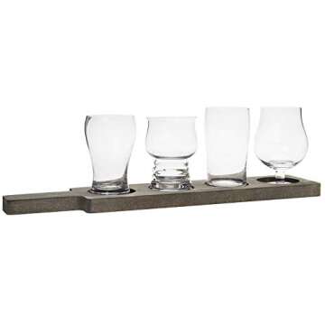 MyGift Rustic Gray Solid Wood Paddle Shaped Beer Flight Board with Beer Glasses, Pub Party Tasting Flight Set with 5 oz Craft Beer Sampler Glasses, 5 Piece Set