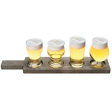 MyGift Rustic Gray Solid Wood Paddle Shaped Beer Flight Board with Beer Glasses, Pub Party Tasting Flight Set with 5 oz Craft Beer Sampler Glasses, 5 Piece Set