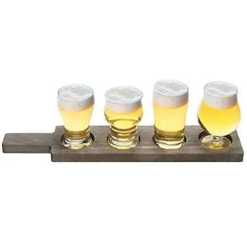 MyGift Rustic Gray Solid Wood Paddle Shaped Beer Flight Board with Beer Glasses, Pub Party Tasting Flight Set with 5 oz Craft Beer Sampler Glasses, 5 Piece Set