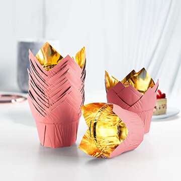 Party Hippo Gold Tulip Cupcake Liners 100 Pcs Baking Paper Cups Holders Greaseproof Muffin Cases Wra...