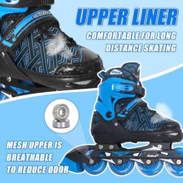 Nattork Adjustable Inline Skates for Youth Big Boys - with Light up Wheels - Blue Blade Roller Skating for Beginners Size 5 6 7 8 Ages 11 12 13 14 15