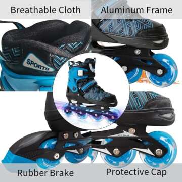 Nattork Adjustable Inline Skates for Youth Big Boys - with Light up Wheels - Blue Blade Roller Skating for Beginners Size 5 6 7 8 Ages 11 12 13 14 15
