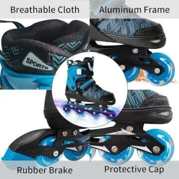 Nattork Adjustable Inline Skates for Youth Big Boys - with Light up Wheels - Blue Blade Roller Skating for Beginners Size 5 6 7 8 Ages 11 12 13 14 15