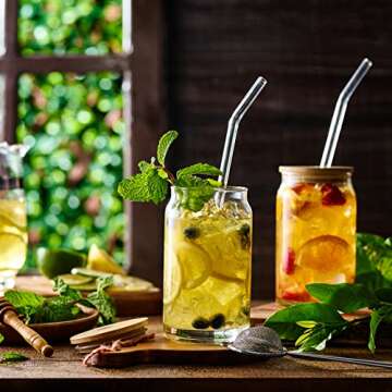 Set of 4 Can Shaped Drinking Glasses with Bamboo Lids & Straws - Clear Snifter Water Glass Cups, 16o...