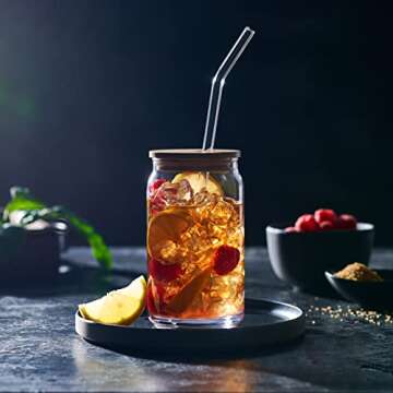 Set of 4 Can Shaped Drinking Glasses with Bamboo Lids & Straws - Clear Snifter Water Glass Cups, 16oz Iced Coffee Glasses, Iced Tea Glasses, Tumbler Cup, Cocktail Glasses, Whiskey, Soda