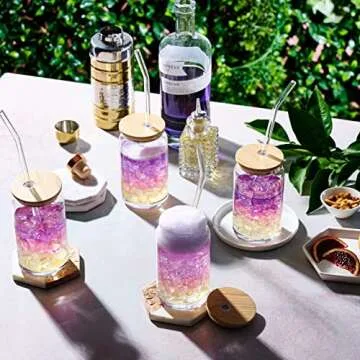 Set of 4 Can Shaped Drinking Glasses with Bamboo Lids & Straws - Clear Snifter Water Glass Cups, 16oz Iced Coffee Glasses, Iced Tea Glasses, Tumbler Cup, Cocktail Glasses, Whiskey, Soda