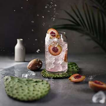 Set of 4 Can Shaped Drinking Glasses with Bamboo Lids & Straws - Clear Snifter Water Glass Cups, 16oz Iced Coffee Glasses, Iced Tea Glasses, Tumbler Cup, Cocktail Glasses, Whiskey, Soda