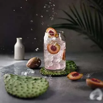 Set of 4 Can Shaped Drinking Glasses with Bamboo Lids & Straws - Clear Snifter Water Glass Cups, 16oz Iced Coffee Glasses, Iced Tea Glasses, Tumbler Cup, Cocktail Glasses, Whiskey, Soda