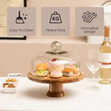 Elegant Acacia Wood Cake Stand with Glass Dome 11.4"