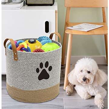 Cotton dog toy basket storage, puppy toy basket, puppy bins, laundry basket blanket storage bin - Perfect for organizing pet toys, blankets, leashes, pee mats and diapers - Graykhaki