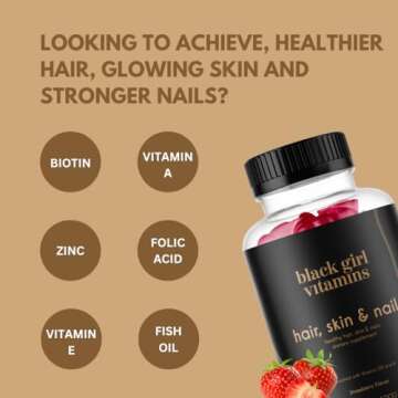 Black Girl Vitamins - Hair, Skin, and Nails Gummies with Biotin (6000 mcg), Zinc, Gelatin Free, Vitamin A, and Vitamin E - Gluten-Free. Made in The USA (Strawberry, 60 Count) 30 Day Supply