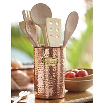 Mud Pie Copper Kitchen Utensil Caddy with Gold Embossed Tag