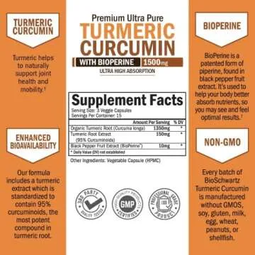 Turmeric Curcumin with Black Pepper Extract 1500mg - High Absorption Ultra Potent Turmeric Supplement with 95% Curcuminoids and BioPerine - Non GMO Tumeric Capsules for Joint Support - 45 Capsules