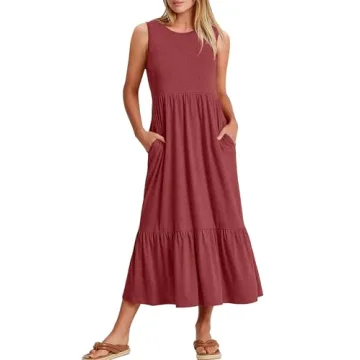 ANRABESS Women Summer Casual Sleeveless Crewneck Sundress Aline Flowy Tiered Maxi Long Beach Dress V...