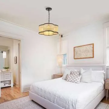 ELYCCUPA Hand Woven Boho Pendant Light Drum Mini Chandelier Adjustable Pendant Lighting Fixtures for Kitchen Island Dining Room Bedroom, Dia 13.69”, UL Listed