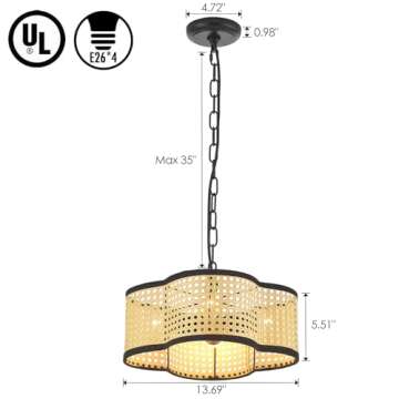 ELYCCUPA Hand Woven Boho Pendant Light Drum Mini Chandelier Adjustable Pendant Lighting Fixtures for Kitchen Island Dining Room Bedroom, Dia 13.69”, UL Listed