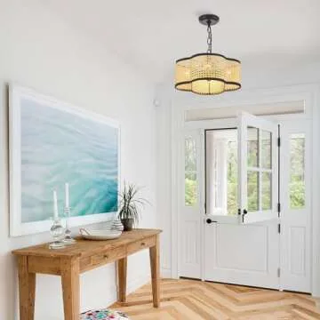 ELYCCUPA Hand Woven Boho Pendant Light Drum Mini Chandelier Adjustable Pendant Lighting Fixtures for Kitchen Island Dining Room Bedroom, Dia 13.69”, UL Listed