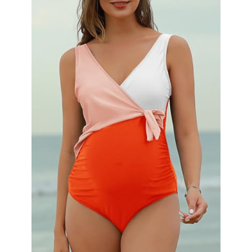 Maternity Swimsuit Tie Front V-Neck Ruched Tummy Control