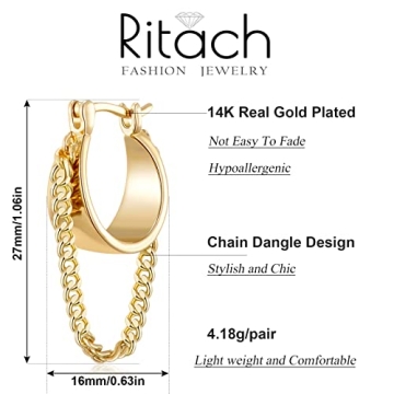 Ritach 14K Gold Plated Chain Hoop Earrings for Women
