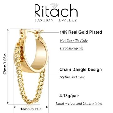 Ritach 14K Gold Plated Chain Hoop Earrings for Women