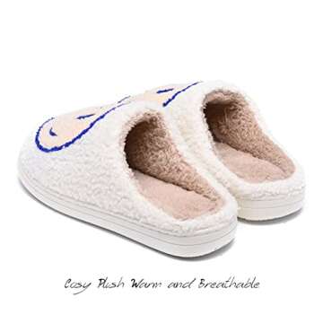 AIMINUO Women's Men's Retro Preppy Happy Face Slippers Comfy Warm Plush Slip-On House Slipper for Winter Indoor Soft Cushion Non-slip Fluffy Slides Slippers White-Beige 8.5-9.5 Women/8-9 Men