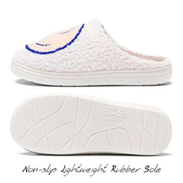 AIMINUO Women's Men's Retro Preppy Happy Face Slippers Comfy Warm Plush Slip-On House Slipper for Winter Indoor Soft Cushion Non-slip Fluffy Slides Slippers White-Beige 8.5-9.5 Women/8-9 Men
