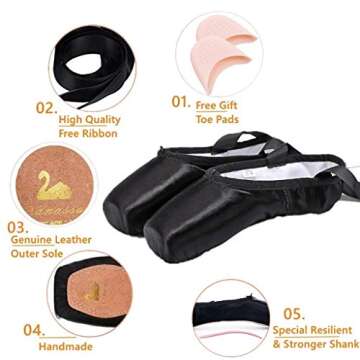 Nexete Ballet Dance Pointe Shoes, Dance Slippers Ballet Dance Flats with Toe Pads & Ribbons, Satin B...