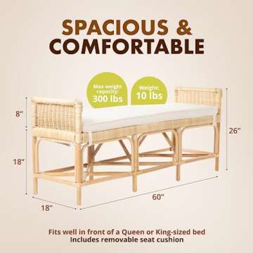 Kouboo Rattan Sandbar Bench with Seat Cushion, Handmade, Boho, Entryway, Living Room, Bedroom, King Bed, Queen Bed, Natural