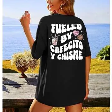 Hispanic Latina Oversized Women Shirt Coffee Mexican Latina T-Shirt Fueled by Cafecito Y Chisme Tops Loose Shirt