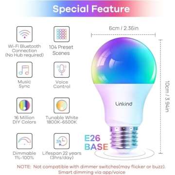 Linkind Color Changing Smart WiFi Light Bulbs, Work with Alexa & Google Home, A19 E26 Dimmable RGBTW...