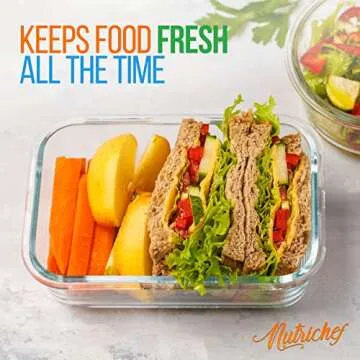 NutriChef 10-Piece Superior Glass Food Storage Containers Set (5 Containers + 5 Locking Lids),Stackable Meal-prep Design, BPA-free Airtight Clear Locking lids with Vent Lids & Air Hole, NCCLX5