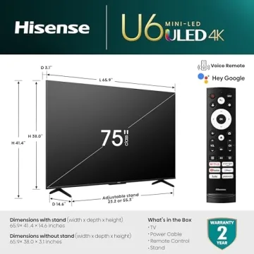 Hisense 75-Inch Class U6 Series Mini-LED ULED 4K UHD Google Smart TV (75U6K) - QLED, Full Array Local Dimming, Dolby Vision IQ，HDR 10+, VRR Game Mode Plus, 240 Motion Rate, Alexa Compatibility