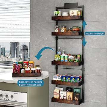 bukfen Over the Door Pantry Organizer, 6-Tier Adjustable Wooden Basket Kitchen Pantry Door Organization and Storage, Heavy-Duty Metal Hanging Kitchen Spice Rack,D6.3 x W17.71 x H50.60 inch,1 Pack