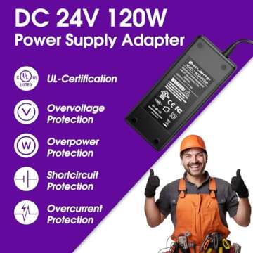HitLights 24V Power Supply, 5A 120W Adapter Transformer UL Listed, 110V-240V AC to 24V DC Converter ...