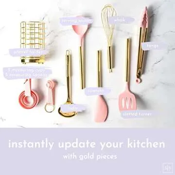 Pink and Gold Kitchen Utensils Set - 17-Piece Kitchen Tools Include Silicone Cooking Utensils, Spatula Holder, Measuring Cups and Spoons for Baking, Cooking - Stylish Pink Kitchen Accessories