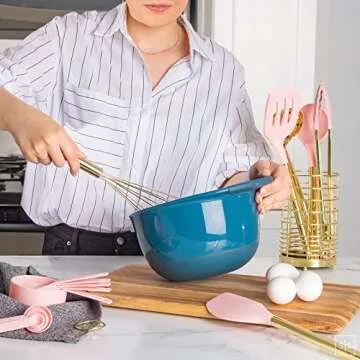 Pink and Gold Kitchen Utensils Set - 17-Piece Kitchen Tools Include Silicone Cooking Utensils, Spatula Holder, Measuring Cups and Spoons for Baking, Cooking - Stylish Pink Kitchen Accessories