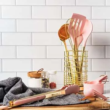 Pink and Gold Kitchen Utensils Set - 17-Piece Kitchen Tools Include Silicone Cooking Utensils, Spatula Holder, Measuring Cups and Spoons for Baking, Cooking - Stylish Pink Kitchen Accessories