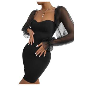 Floerns Women's Sweetheart Neck Mesh Sheer Ruffle Long Sleeve Bodycon Mini Dress Black S