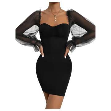 Floerns Women's Sweetheart Neck Mesh Sheer Ruffle Long Sleeve Bodycon Mini Dress Black S