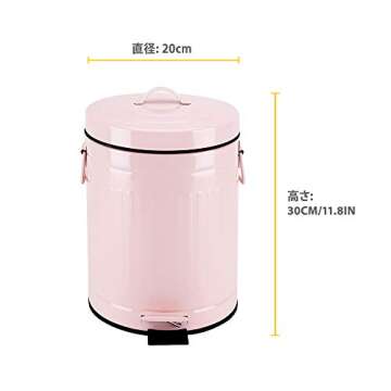 Bathroom Trash Can with Lid, Small Trash Can Wastebasket for Home Bedroom with Lid, Round Waste Bin Soft Close, Retro Vintage Garbage Metal Cans for Office, 5 Liter / 1.3 Gallon, Glossy Pink