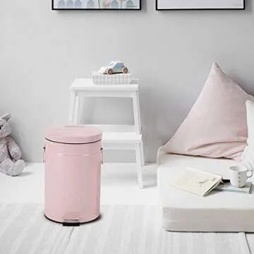 Bathroom Trash Can with Lid, Small Trash Can Wastebasket for Home Bedroom with Lid, Round Waste Bin Soft Close, Retro Vintage Garbage Metal Cans for Office, 5 Liter / 1.3 Gallon, Glossy Pink