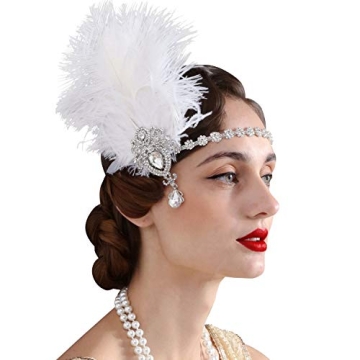 SWEETV 1920s Feather Headpiece Ivory, Womens Ostrich Feather Crystal Headband, Great Gatsby Hair Acc...