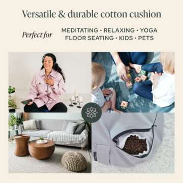 Mindful & Modern Large Meditation Cushion for Zafu Yoga - Meditation Pillow for Sitting on the Floor - Buckwheat Hull Filled Yoga Cushion with Removable, Washable 100% Cotton Cover and Carry Handle