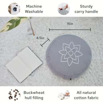 Mindful & Modern Large Meditation Cushion for Zafu Yoga - Meditation Pillow for Sitting on the Floor - Buckwheat Hull Filled Yoga Cushion with Removable, Washable 100% Cotton Cover and Carry Handle