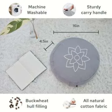 Mindful & Modern Large Meditation Cushion for Zafu Yoga - Meditation Pillow for Sitting on the Floor - Buckwheat Hull Filled Yoga Cushion with Removable, Washable 100% Cotton Cover and Carry Handle