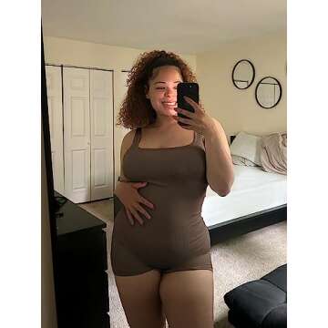 AIBIANOCEL Women's Maternity Bodysuit Pregnancy Shapewear Sleeveless Tank Top Shorts Ribbed Romper Jumpsuit(Coffee,Medium)