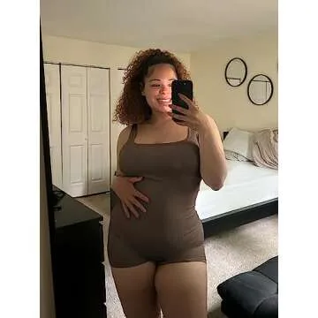 AIBIANOCEL Women's Maternity Bodysuit Pregnancy Shapewear Sleeveless Tank Top Shorts Ribbed Romper Jumpsuit(Coffee,Medium)