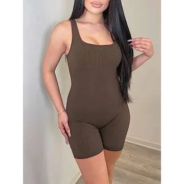 AIBIANOCEL Women's Maternity Bodysuit Pregnancy Shapewear Sleeveless Tank Top Shorts Ribbed Romper Jumpsuit(Coffee,Medium)