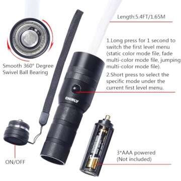 CHINLY Fiber Optic Whip, LED Light Whip for Dancing, with 40 Color Effect Mode and 360°Swivel, Rave...